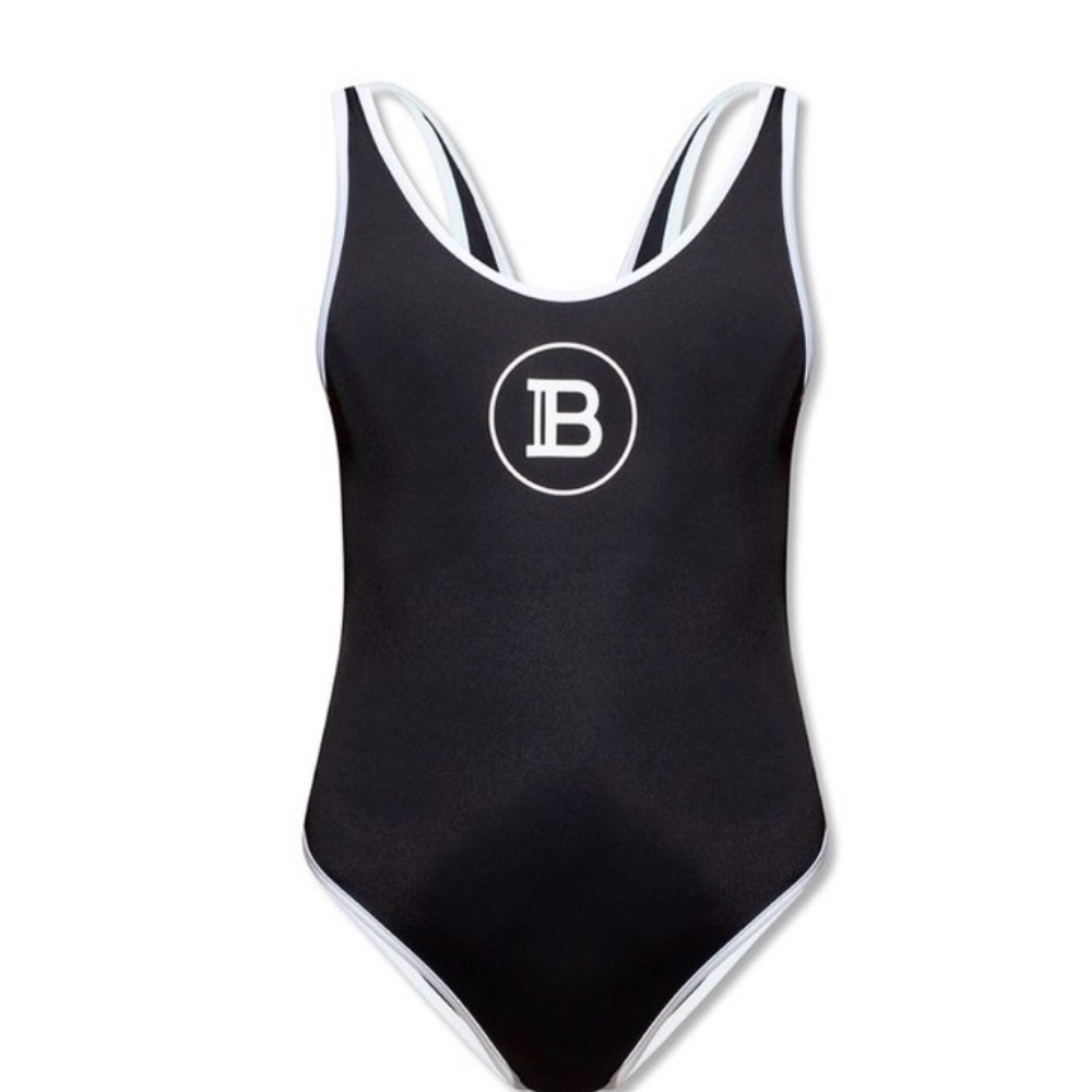 Black One-Piece Swimsuit with White Trim and B Logo